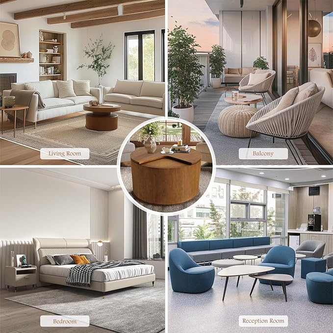 27.16" Round Coffee Table with Storage Modern Wooden Coffee Table Circle Accent Center Table for Living Room Small Space Apartment Office (Circle Brown)