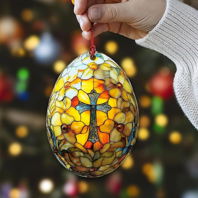 Easter Ornaments for Tree, Easter Basket Stuffers, Egg Ornaments, Suncatcher for Decorations, Windows, Classroom Gifts, He is Risen, Christian Ornament (1, Egg Cross)