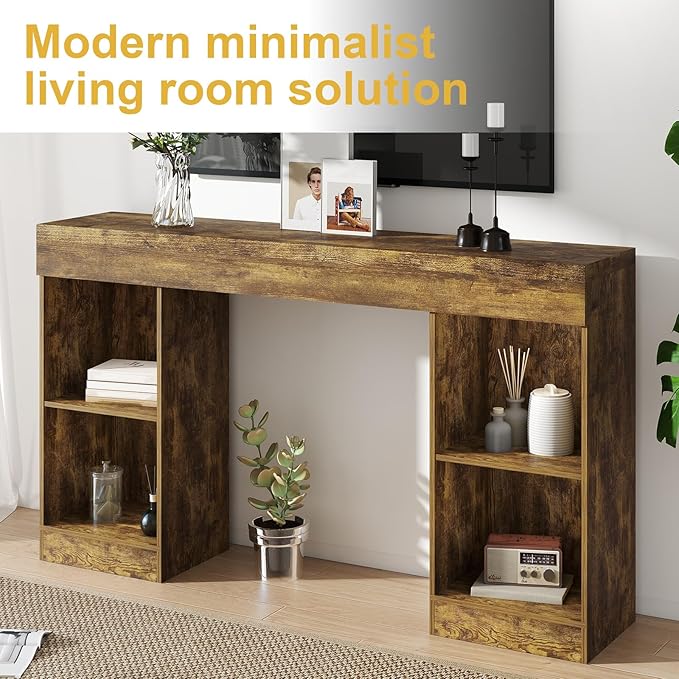 55 Inches Console Table,4 Cubes Narrow Entryway Table,3 Tier Wood Behind Couch Sofa Table,TV Console with Storage for Living Room,Hallway,Entrance,Foyer (Bright Brown)