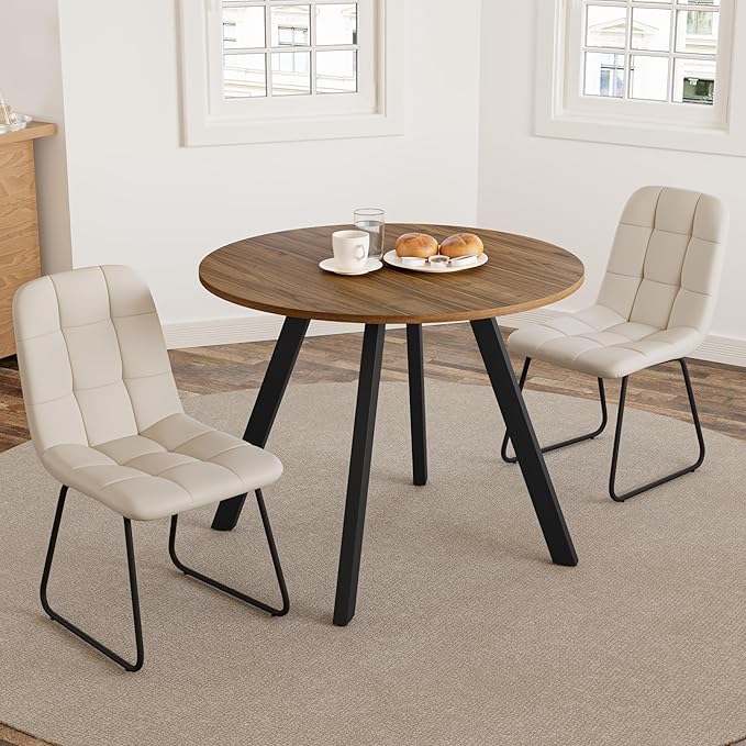 34.6'' Dining Table and Chairs for 2, Mid Century Modern Round Table Set, Space Saving for Apartment Kitchen Dining Room (Walnut Table+2 U-Shaped White Chairs)