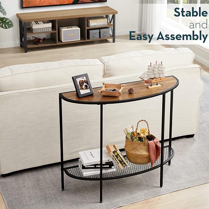 SAYGOER Entryway Table 2 Tier Small Console Table with Storage Half Moon Sofa Couch Table Mid Century Modern Narrow Entry Way Tables, 36.22" D x 11.8" W x 31.5" H, Easy Assembly, Dark Walnut
