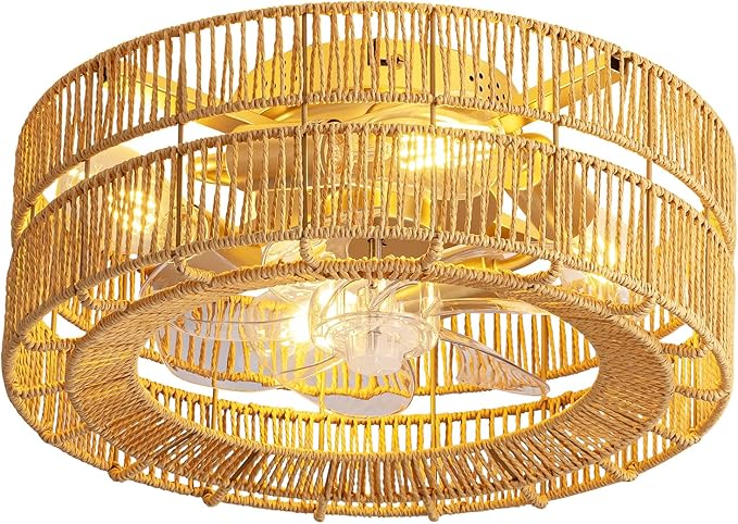 Boho Caged Ceiling Fan with Lights Flush Mount,17.7" Rattan fandelier Ceiling Fan with Remote Control,Layered Farmhouse Low Profile 6 Speeds for Bedroom,Living Room,Kitchen,Dining Room