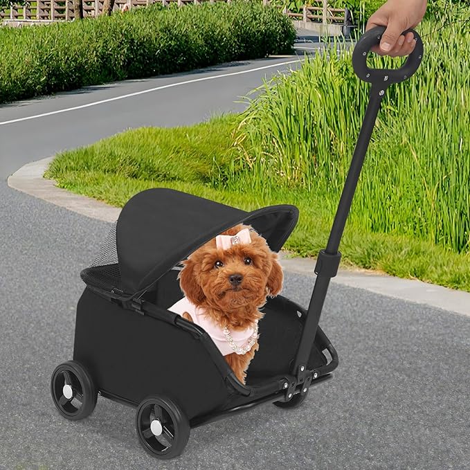 Small Dog Stroller, Pet Stroller for Shopping Walking, 4 Wheels Folding Dog Cart, for Cats/Dogs Weighing Less Than 15.43 Pounds (Black)