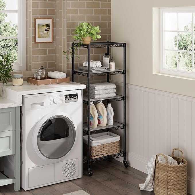 Small 5 Tier Shelves Storage Wire Shelving Unit Metal Shelf Adjustable Organizers Storage Shelving with Wheels for Bathroom Laundry Room Kitchen Pantry12”D x 18”W x 57.2”H Black