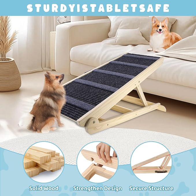 Dog Ramp for Bed, 6 Adjustable Height from 13.8" to 25.6", Folding Wooden Pet Ramp Suitable for Small and Medium-Sized Dogs - Non-Slip High Traction Dog Ramp for High Bed Couch and Car Up to 200lbs