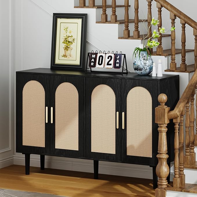 4-Door Rattan Sideboard Buffet Cabinet, 47" Large Storage Cabinet with Shleves, Wood Modern Accent Credenza Kitchen Table for Dining Room, Living Room & Entryway, Black & Natural