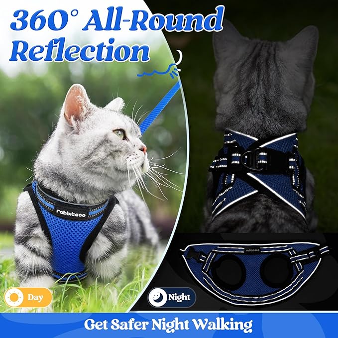 rabbitgoo Cat Harness and Leash Set for Walking Escape Proof, Adjustable Soft Kittens Vest with Reflective Strip for Cats, Comfortable Outdoor Vest,Blue,L