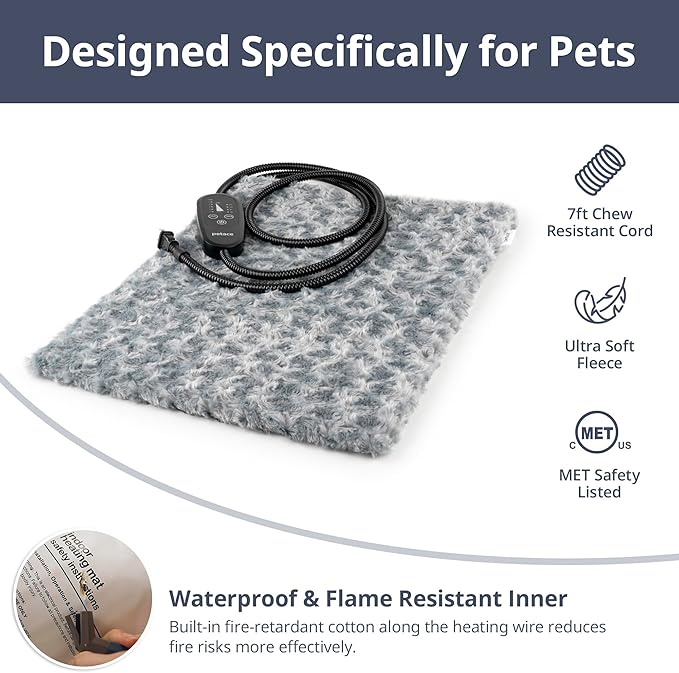Adjustable Temperature Heated Cat Bed & Dog Heating Pad with Timer, Chew-Resistant Cord, Thick and Soft Cover, Indoor Pet Heating Pad, 27.5" x 15.7"