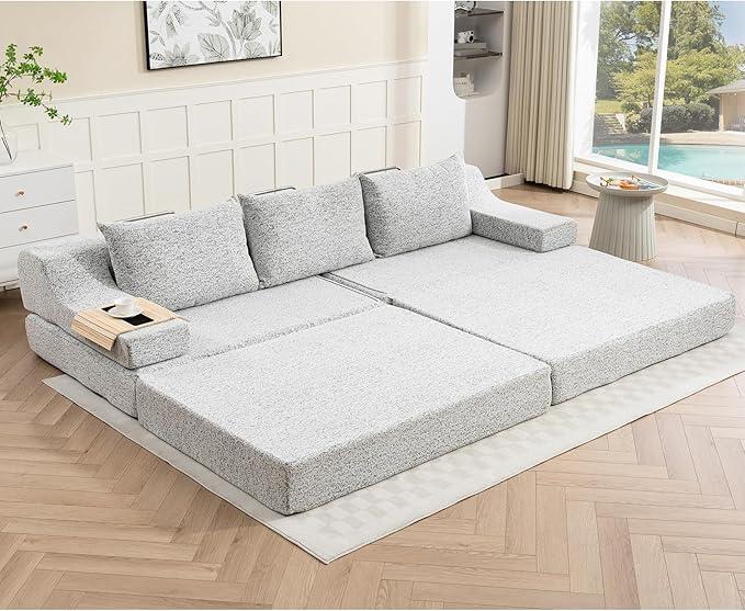MEISSALIVVE 110.6" Convertible Sofa Bed,2-in-1 Modular Oversized Boneless Couch with Wide Armrest & Thick Cushion,Futon Sofa with Pull Out Bed for Living Room,Bedroom,No Assembly Required(Grey