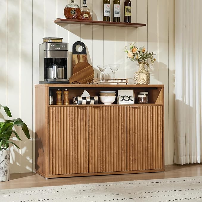 LEYAOYAO Fluted Buffet Cabinet with Storage, 45" Wide Modern Sideboard Credenza with 3 Doors & Open Storage Shelf, Wood Kitchen Console Accent Cabinets, Coffee Bar Table for Dining Room, Tea Brown