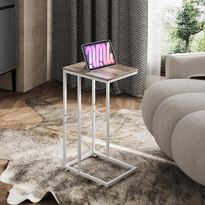 WLIVE Side Table, C Shaped End Table for Couch, Sofa and Bed, Large Desktop C Table for Living Room, Bedroom, Bedside, Creamy Greige