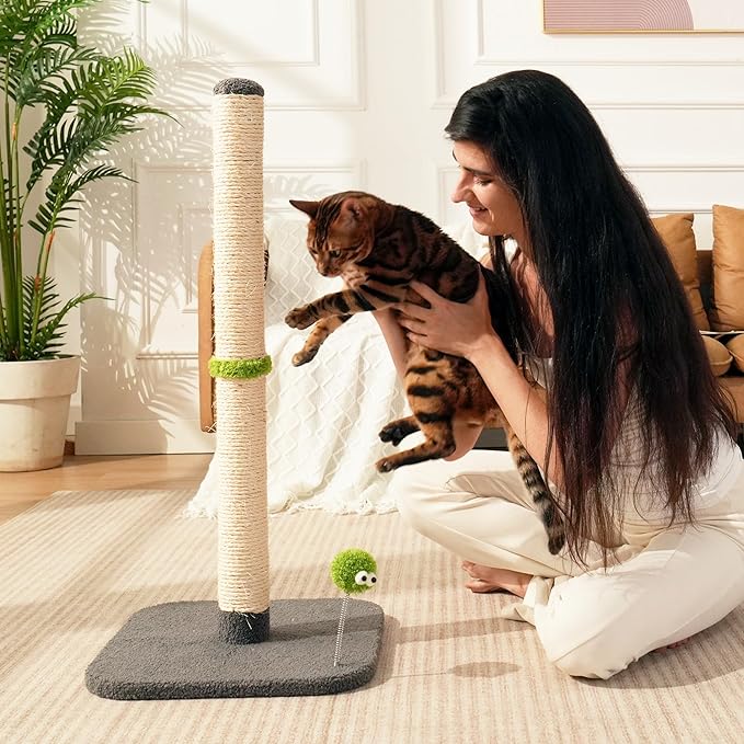 TINYBEAST 34" Tall Cat Scratching Post, Cat Scratcher Featuring Natural Sisal Rope, Cat Tree with Interactive Plush Toy Ball and Stable Base for Indoor Large Adult Cats & Kittens(Grey)