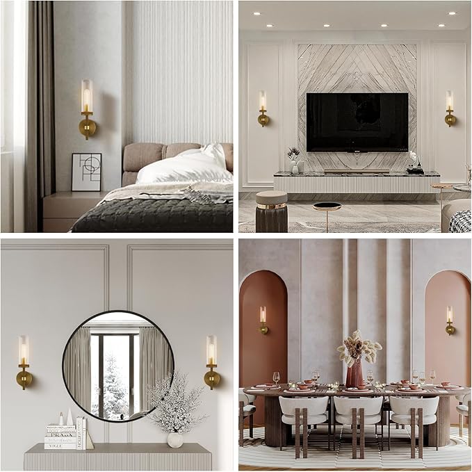 14" Bathroom Vanity Wall Sconces, Gold Wall Sconces Set of Two,Glass Tube Sconces Wall Lighting Indoors,Wall Lights for Mirror, Living Room, Bedroom, Hallway