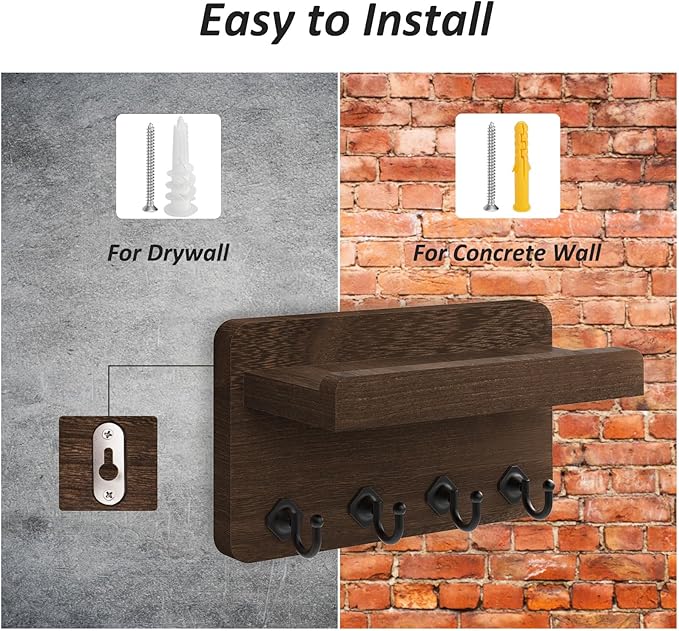 Nekon Key Holder Wall Mount, 8.5 Inch Small Home Decor Wooden Wall Organizer with 4 Hooks and Shelf, Key and Mail Holder for Living Room Entryway Kitchen (Brown)