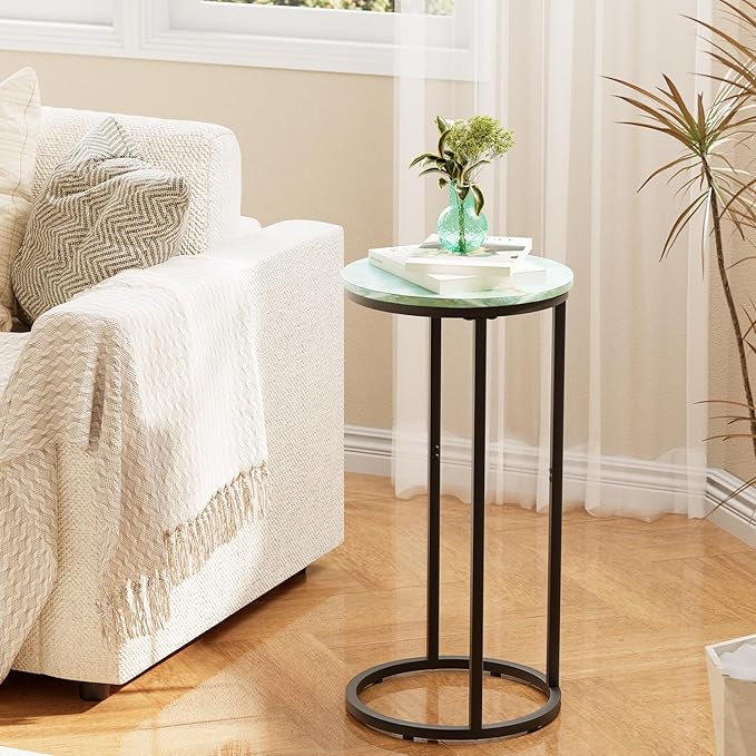 C Shaped end Table,Wood Round Side Table for Couch,Small Sofa Table with Metal Frame for Bedroom,Living Room,Bedside,Sea Blue(11.81" D x 11.81" W x 23.62" H)