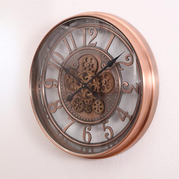 INFINITY TIME 21 Inch Moving Gears Wall Clock,Large Metal Wall Clock for Modern Farmhouse Living Room Decor,Copper Arabic Numeral,House Warming Gifts New Home