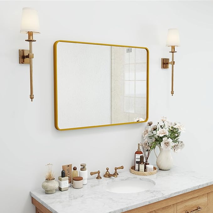 20x30 Rectangle Mirror Full Length Wall Mounted Hanging or Against Wall Metal Frame Dressing Make-up Mirrors for Entryway Bedroom Bathroom Living Room 20 30 inch Gold