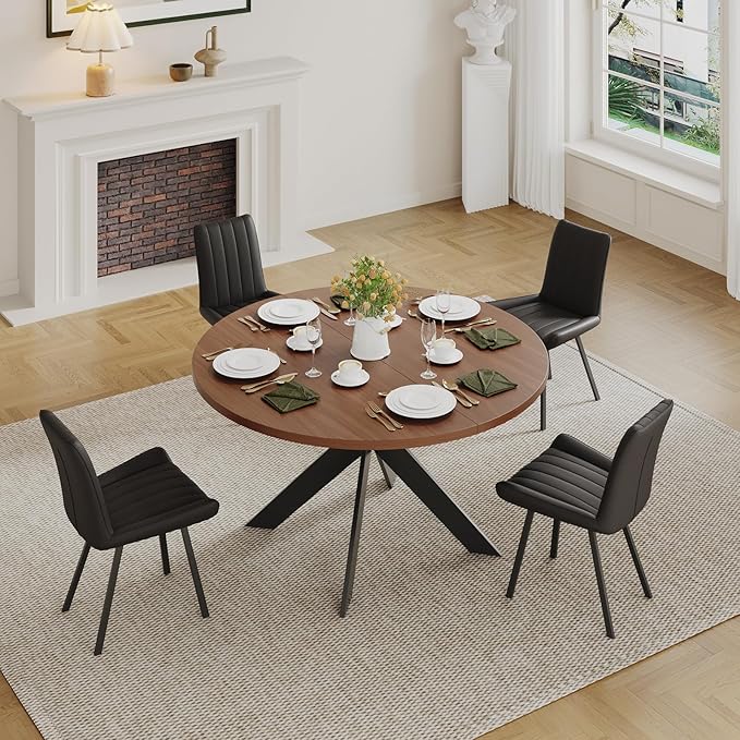 Walnut Round Dining Table Set for 4, Mid-Century Modern Kitchen Table and Chairs, Small Space Dining Room Furniture for Apartment, Breakfast Nook or Studio (Boxwood-1 Table + 4 Black Chairs)