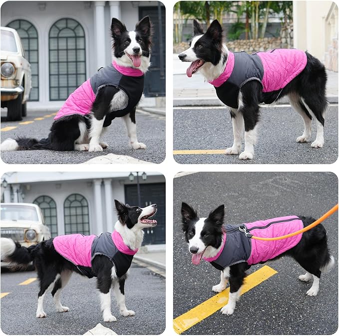 Warm Fleece Dog Coats for Medium Dogs,D-Rings Waterproof Puppy Jacket for Cold Winter,Pink L