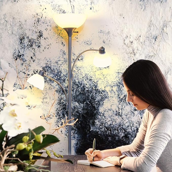 Brightech Sky Dome Double LED Floor lamp, Torchiere Super Bright Floor Lamp with 2 Reading Lamps for Living Rooms & Offices - Dimmable Tall Standing Lamp for Bedroom Reading - Tall Silver Pole