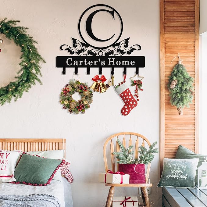 Personalized Monogram Key Holder Wall Mount, Custom Initial Name Metal Key Holder for Wall, Custom Keys Rack Hanger with Hooks for Entryway, Front Door, Hallway, Living Room, Kitchen