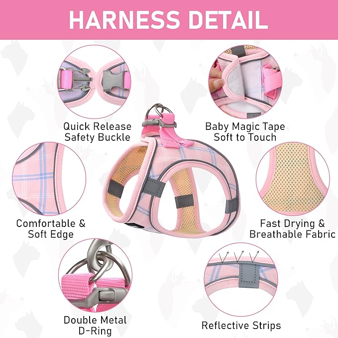 GAMUDA Small Dog Harness Collar and Leash Set, Step in No Chock No Pull Soft Mesh Adjustable Dog Vest Harnesses Plaid Reflective for Dogs Puppy Cats Kitten Rabbit (Pink, XXXS)