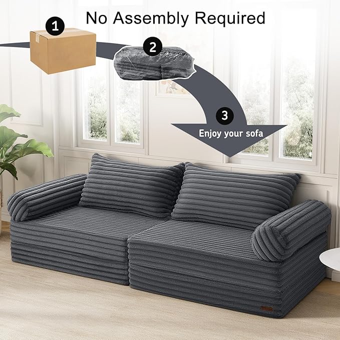 MeMoreCool Convertible Sofa Bed, Folding Floor Couch Bed Queen, Pull Out Sleeper Couch with Pillows, Fold Out Futon Sofa for Bedroom Living Room Small Space, Corduroy Grey
