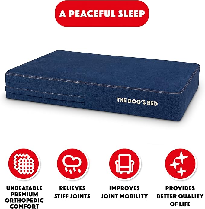 The Dog’s Bed Orthopedic Memory Foam Dog Bed, Large Blue Denim 40x25, Pain Relief for Arthritis, Hip & Elbow Dysplasia, Post Surgery, Lameness, Supportive, Calming, Waterproof Washable Cover