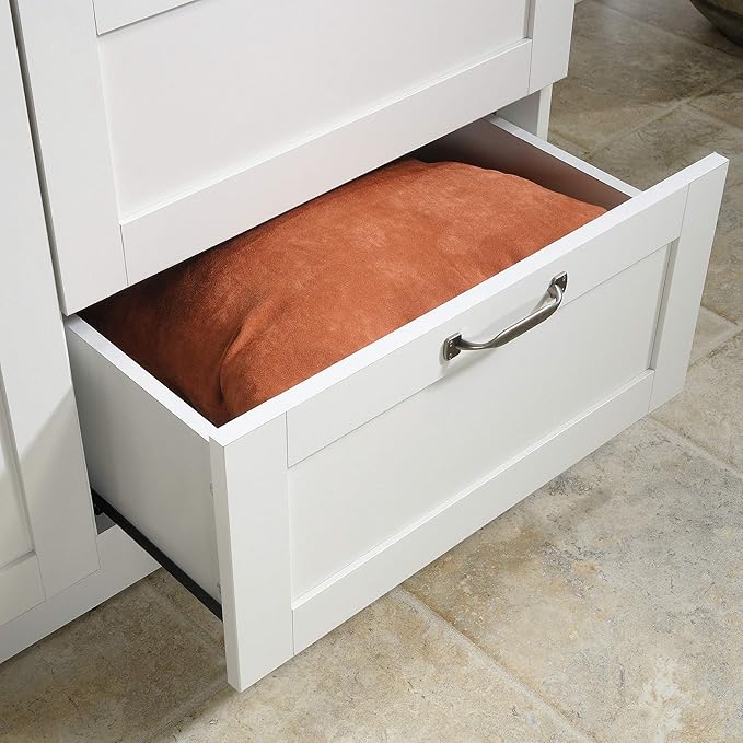 Sauder Select Multipurpose Bedroom Armoire Wardrobe Closet Pantry Storage Cabinet with Storage Drawers and Hanging Rail, in Soft White finish