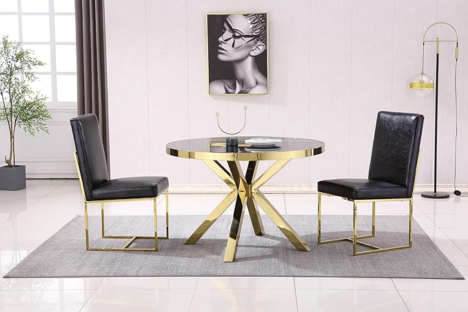 AUZ Dining Chairs Set of 8, Black Faux Leather Upholstered Dining Room Chairs with Polished Gold Stainless Steel Sled Legs
