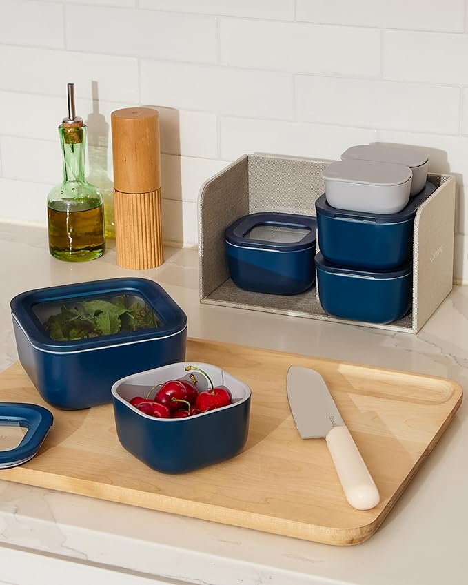 Caraway 22pc Glass Food Storage Set - Storage Containers for Food - Non-Toxic Ceramic-Coated Glass - Air Release Technology - Compact & Stackable Design - Navy