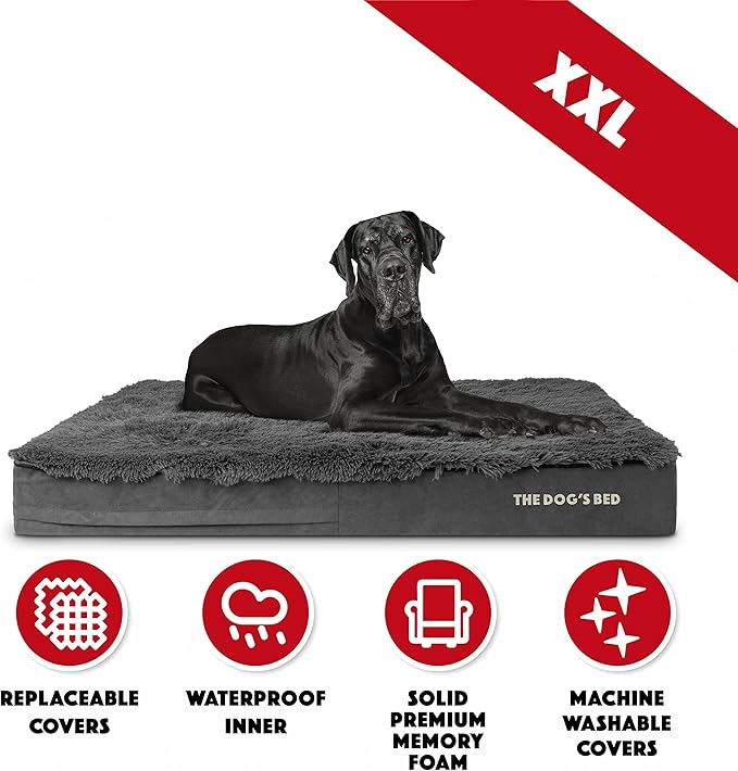 The Dog’s Bed Orthopedic Memory Foam Dog Bed, XXL Grey Fur 54x36, Pain Relief for Arthritis, Hip & Elbow Dysplasia, Post Surgery, Lameness, Supportive, Calming, Waterproof Washable Cover