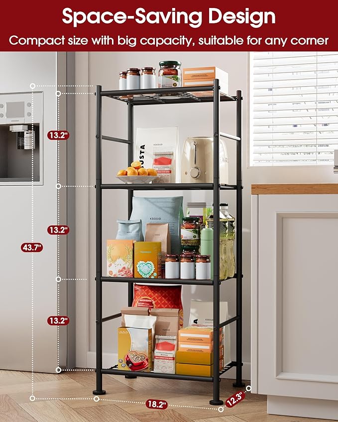 2-Pack Storage Shelves - 4-Tier Metal Wire Shelf Organizer, Slim Shelf Rack with Adjustable Feet for Laundry Room, Kitchen, Garage Organization, 18.2" x 12.3" x 43.7", Black
