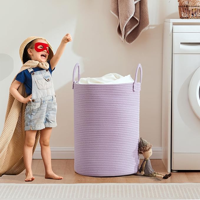 62L Large Purple Hamper Laundry Basket for Nursery Kids Tall Lavender Blanket Basket for Girls Cotton Rope Lilac Clothes Hamper in Bedroom