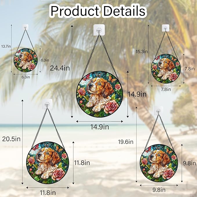 Stained Glass Window Hanging, Dog and Rose Suncatcher for Doors Home Butterfly Sun Catchers Decoration and Christmas, Mother's Day Birthday Gifts for Women, Men, and Mom 14.9x14.9 in