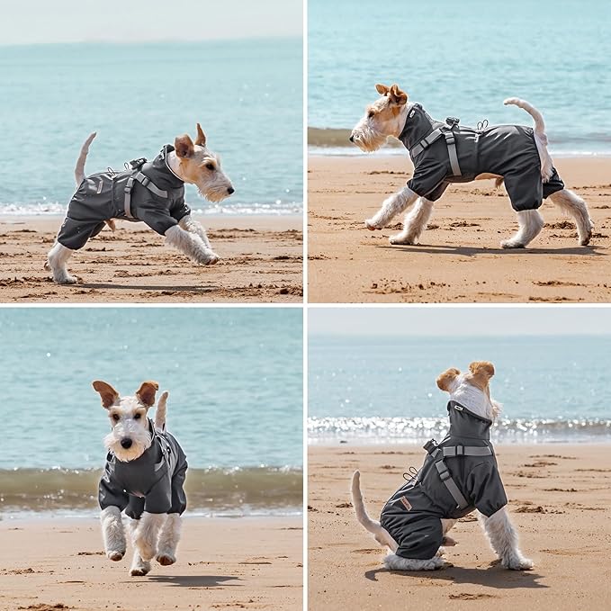 Dog Raincoat with Harness for Small and Medium Dogs, Adjustable Waterproof Dog Rain Jacket,Reflective Rainproof Puppy 4 Legs Raincoat-Grey,M