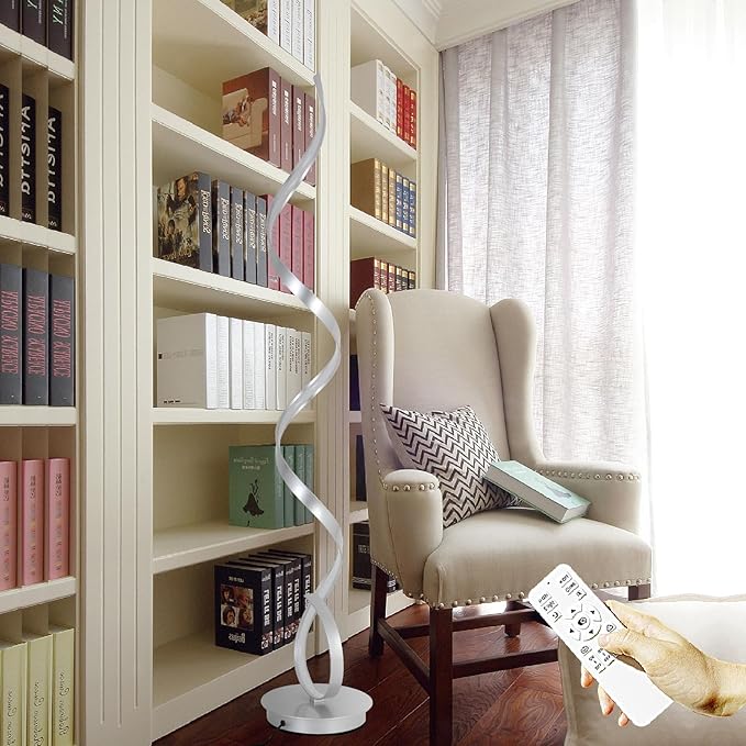 57" Modern Silver Floor Lamp,Simple Desin Shape Lamp,3 Color Light,Foot Step Switch Spriral,Floor Light with Remote for Living Room,Bedroom,Dining Room(Silver)