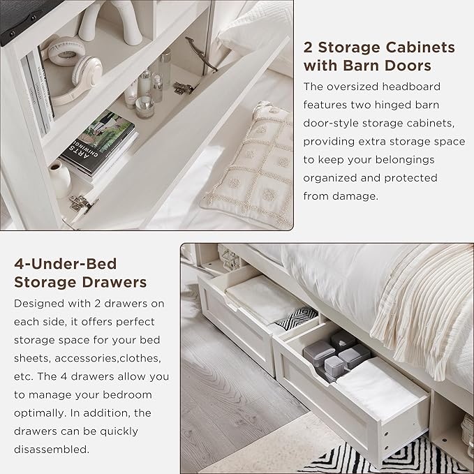 ACCOHOHO Full Bed Frame with 52" Tall Headboard and 4 Drawers,LED Light,Charging Station,Solid Wood Slats Support,No Box Spring Needed,White