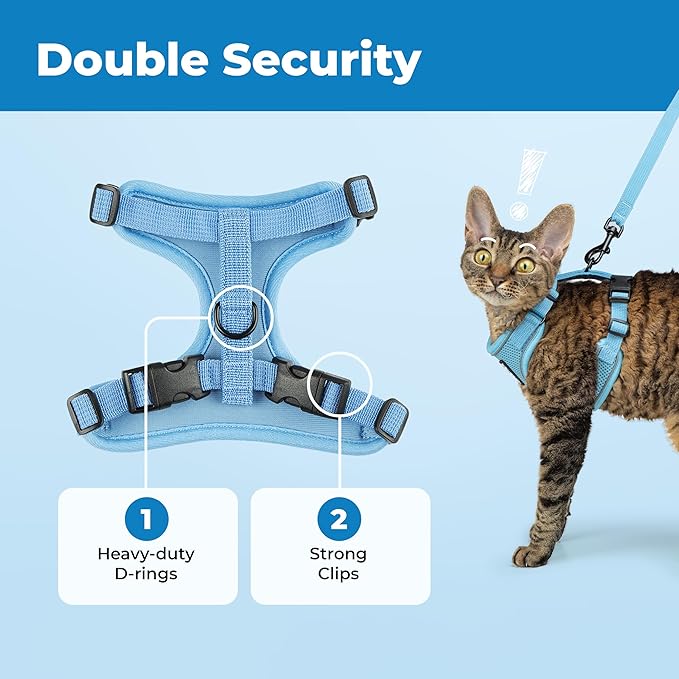 Voyager Escape Proof Cat Harness and Leash Set with Reflective Stitching, Neoprene Handle 5ft - Supports Small, Medium and Large Cats, Kittens for Walking by Best Pet Supplies - Baby Blue, XS