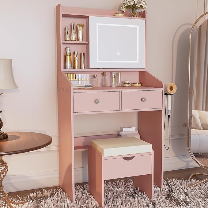 Vanity, Small Vanity Desk with Sliding Mirror, Dimmable LED Lights, 2 Drawers,Vanity Table Ideal for Bedroom(Pink)