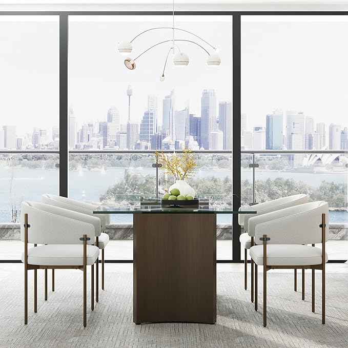 Asday 78” Modern Glass Dining Table, Rectangular Tempered Glass Kitchen Table with Dual Triangular Stainless Steel Pedestal for Living Room, Kitchen, Dining Room, Brushed Bronze