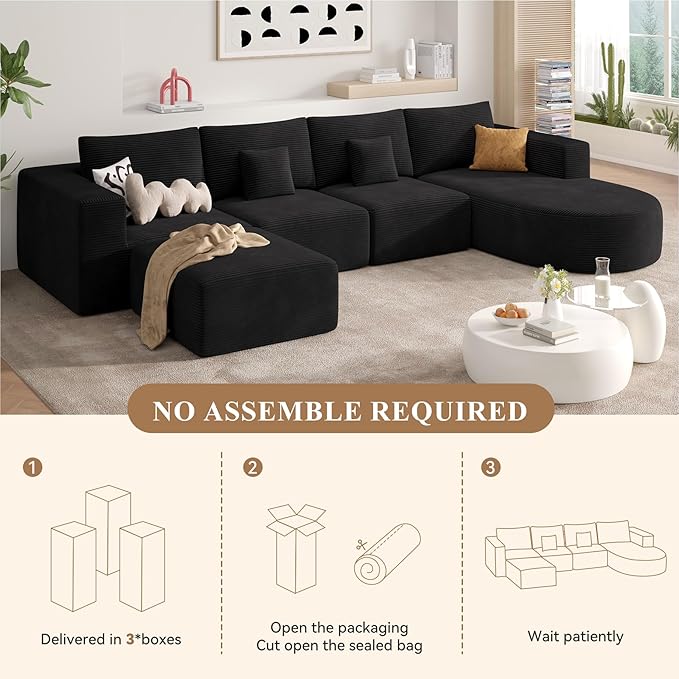 134" Boneless Couches for Living Room,Big Modular Sectional Sofa with Ottoman,Cloud Couch in a Box,Sponge Compression U Shaped Sofas with Chaise No Assembly Required,Black,1pcs