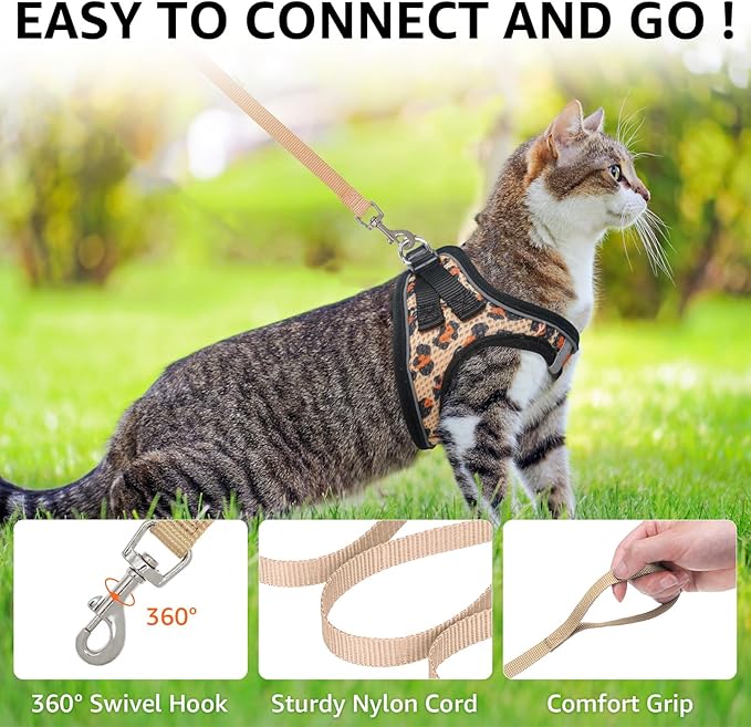SCENEREAL Cat Harness & Leash Set Escape Proof - Adjustable Air Mesh Vest with Reflective Strips for Kittens, Puppies, Rabbits, Khaki Leopard S