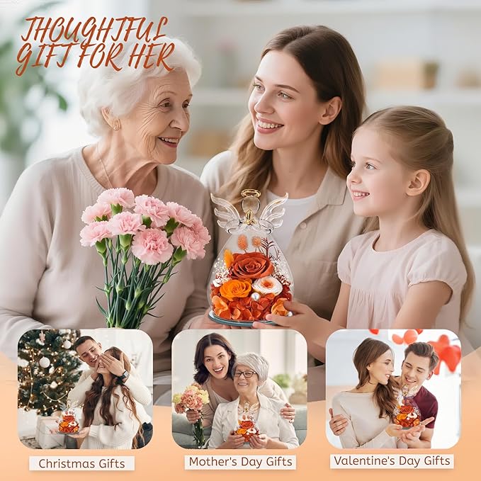 Birthday Gifts for Women Mom Preserved Roses in Glass Angel Figurines Fresh Flowers for Delivery Forever Flowers Eternal Rose Christmas for Grandma Sister Wife Her from Daughter