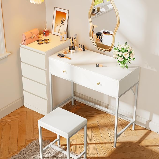 SUPERJARE 31.5" White Desk with 2 Drawers, Modern Makeup Vanity with Padded Stool, Small Computer Desk Home Office Desk for Writing Study Bedroom