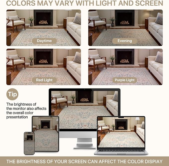 GENIMO 5x7 Washable Area Rug, Non-Slip Vintage Boho Floral Carpet, Soft Low-Pile Thin Bedroom Rug for Living Room, Dining Room, Nursery, Beige Pink