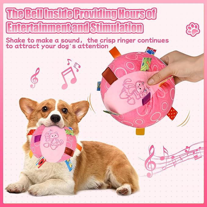 Dog Squeak Ball Toys with Tags, Interactive Dog Toys, Soft Stuffed Puppy Toys with Built-in Bell, Dog Chew Toys to Keep Them Busy for Small Medium Large Dogs - 6 Inches, Pink