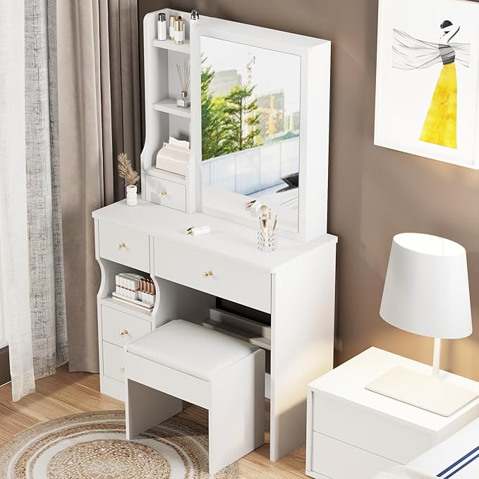 Small Vanity Desk Set with Mirror and Drawers, Makeup Vanity Desk Set with Storage Drawer, Solid Compact Vanities Table with Chair, Compact Space Storage Shelves for Bedroom, White