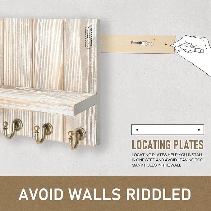 Rebee Vision Farmhouse Key Holder Wall Mount with Mail Organizer - Rustic Key and Mail Holder for Wall with Shelf and 7 Key Hooks - Wooden Apartment Essentials for Room Decor Aesthetic (Natural Wood)