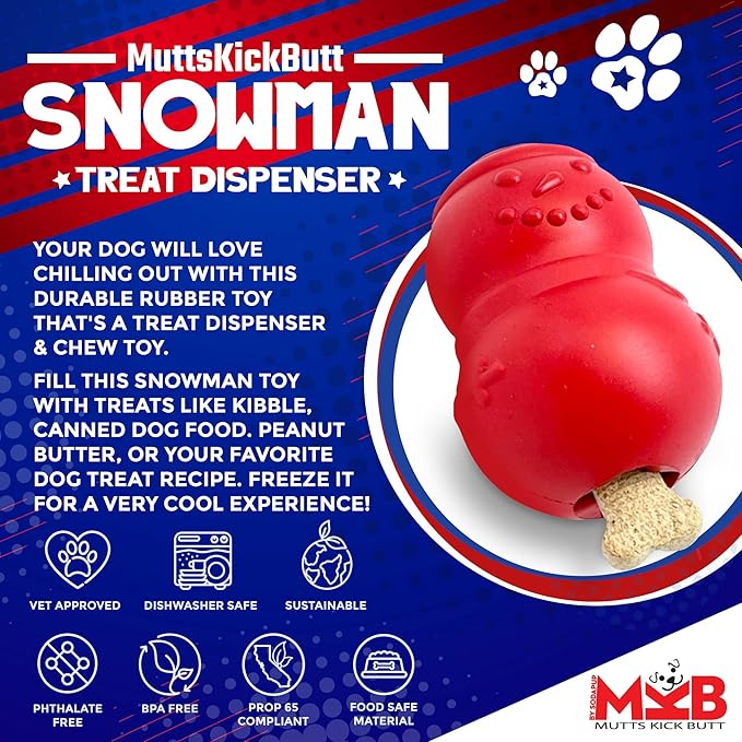 SodaPup MuttsKickButt Snowman – Durable Dog Treat Dispenser & Chew Toy Made in USA from Non-Toxic, Pet Safe, Food Safe Natural Rubber for Mental Stimulation, Problem Chewing, Calming Nerves & More
